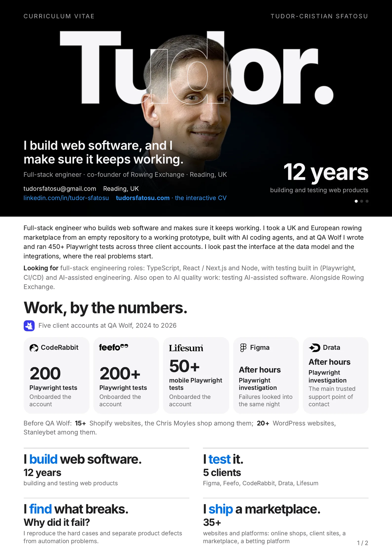 Page one of the CV: the opening with the portrait, Work by the numbers and the four verbs