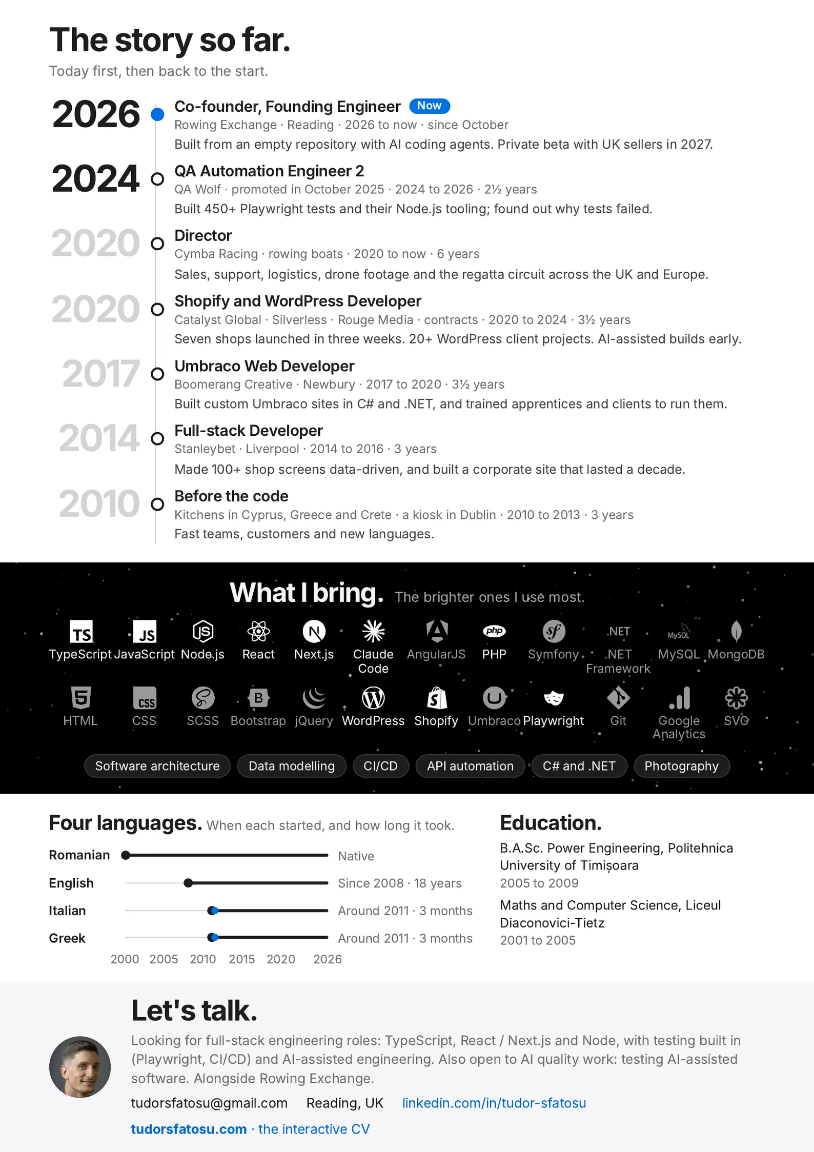 Page two of the CV: the story so far, the skills, four languages, education and Let's talk